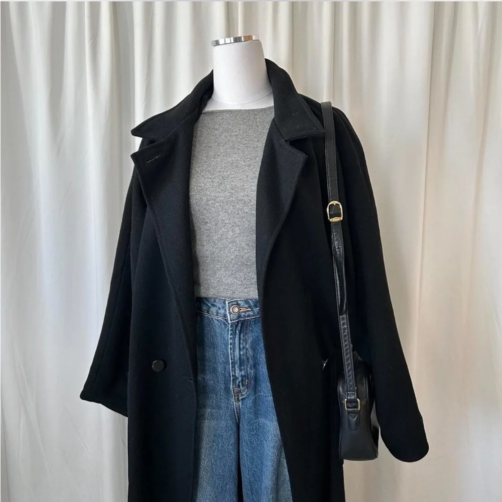 Vintage 80s Central Park double-breasted Wool black full-length overcoat size 14 - Picture 3 of 8